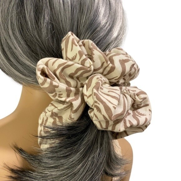 Hair Scrunchie. Multicolor.  XL. Tiger Print. Brown/Cream. Animal Print. Chic. - Picture 3 of 10